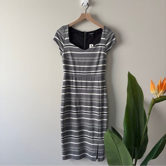 Express Gray and White striped Sheath Midi Dress V-Neck Cap Sleeves zip up slit - Picture 1 of 13